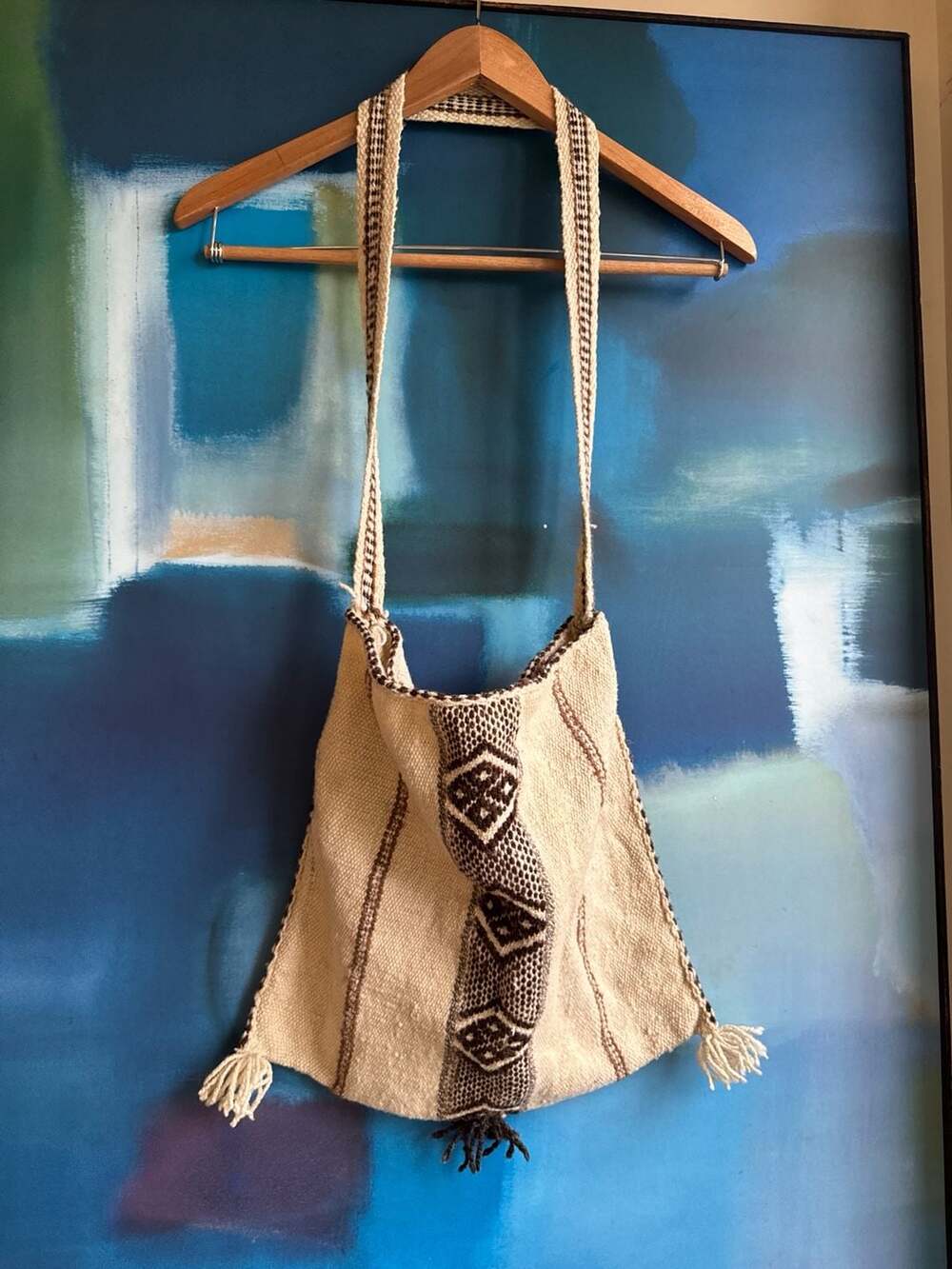 Vintage Handwoven Wool Andean Crossbody Bag with Geometric Pattern and Tassels